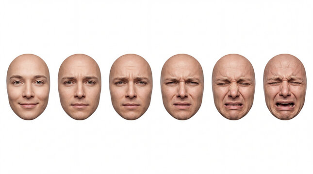 Photorealistic facial chart for pain assessment, Medical facial expression scale, Facial chart for measuring pain levels for healthcare, Horizontal row of faces for measuring pain on a white backgroun