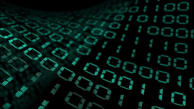 Cyan color random numbers binary code with blank space hi tech design loopable black technology background