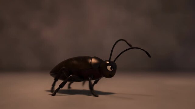 Animated cockroach character walking close up rendered in 3d cartoon style for educational material