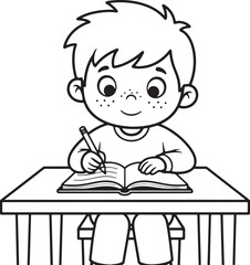 Boy studying at a desk with an open book and pencil
