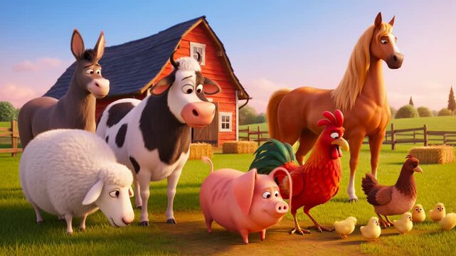 Animated farm animals grouped near red barn cartoon style digital render beautiful farm landscape rural scene charming