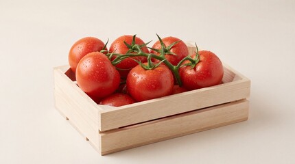 Red tomatoes with water drop on green vine in wooden crate. Fresh vegetable harvest directly from farm. Organic nutrition and healthy food ingredient for cooking or restaurant menu.