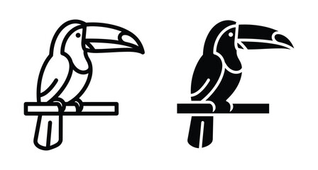 Fototapeta premium Toucan bird icon set featuring outline and solid black silhouette styles perched on a branch for tropical wildlife nature design projects