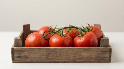 Fresh red tomatoes on branch inside rustic wooden crate. Ripe organic vegetable harvest with water drop. Healthy food concept, agriculture and gardening produce for culinary cooking.