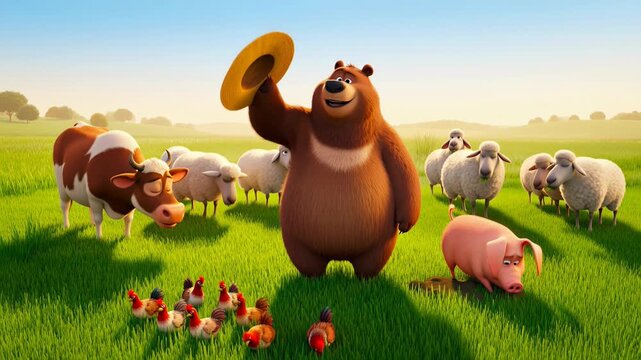 Cartoon farm animals gathering bear pig cow sheep and chickens in a green field on a sunny day