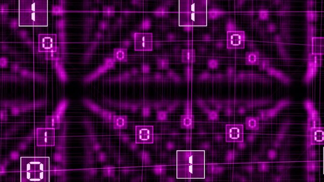 Pink color wiggling binary codes connected by lines big data transfer hi tech design black technology background