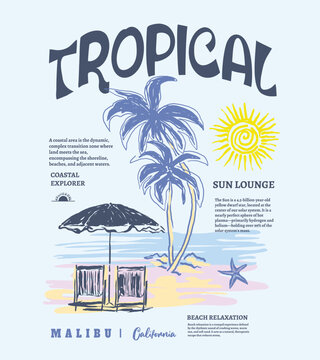 Tropical typography Slogan with palm tree illustration. malibu California. hand drawing beach print design. text lettering word. perfects for tee t-shirt design. girl's women's artwork. 