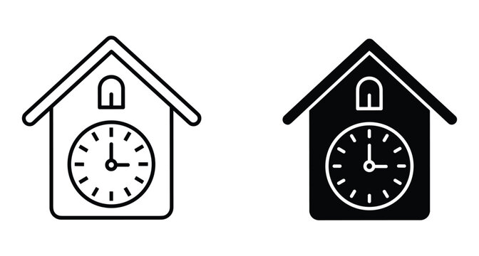 Cuckoo clock icon set featuring outline and solid black versions of traditional wooden wall timepiece bird house cuckoo clock icon set