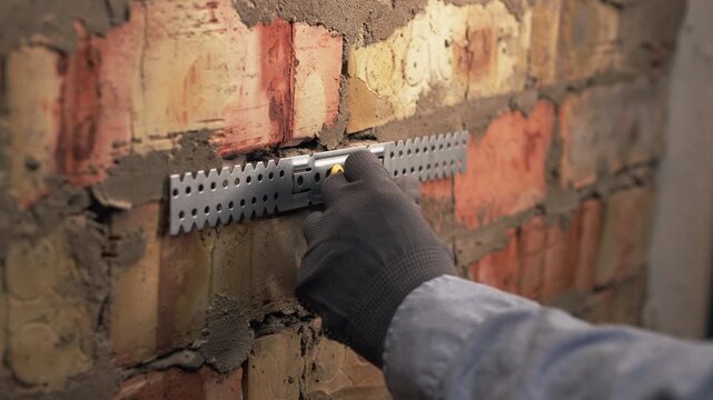 builder hands fixing drywall profile bracket with drill