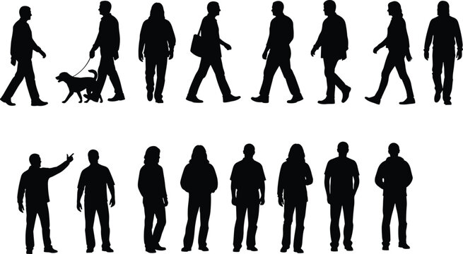 Silhouettes of people walking and standing, dog walking, gesture, posture, black figure, casual motion, urban scene, human activity, design