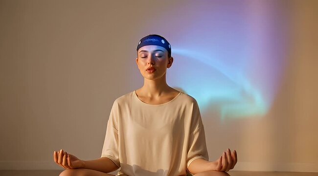 Meditative serenity woman wearing lighted headband in yoga lotus position peace