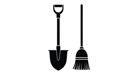 A black silhouette illustration of a shovel and a broom standing upright © Design lens