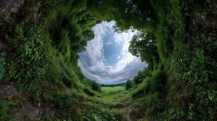 Fototapeta premium A surreal wide angle view looking up from a forest floor towards a bright sky and distant fields