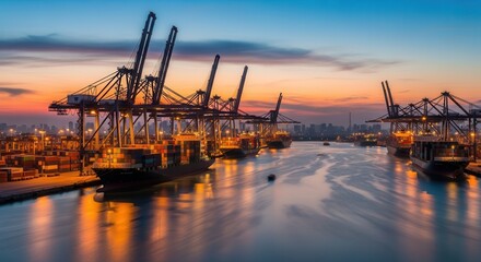 Naklejka premium A serene harbor scene at sunset with cargo ships and cranes docked along the waterfront