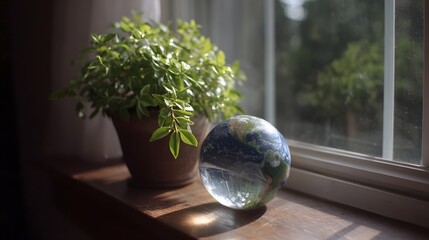A miniature Earth globe and a green plant sit on a ill bathed in warm sunlight