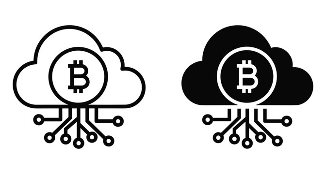 Bitcoin cloud mining icon set featuring cryptocurrency symbol inside cloud with circuit board lines for digital finance and blockchain technology network