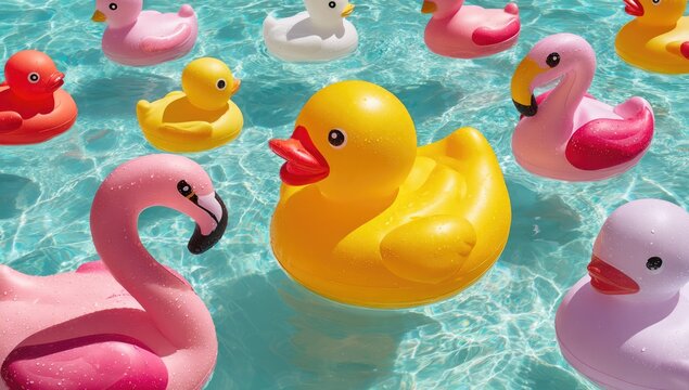 Rubber Ducks and Flamingo Floats in a Bright Blue Swimming Pool on a Sunny Day.