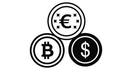 Obraz premium Bitcoin dollar and euro currency icons set representing global finance digital crypto assets and traditional money exchange symbols for business banking