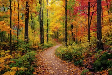 Fototapeta premium Vibrant Autumn Forest Path with Colorful Foliage and Sunlight.