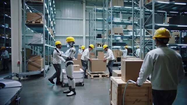 Silver humanoid robot wearing yellow hard hat using digital tablet in busy warehouse. Automated logistics and human-robot collaboration in distribution center. Backward camera movement.
