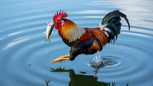 Colorful rooster with bright plumage walking through shimmering blue water while carrying a fish in its beak