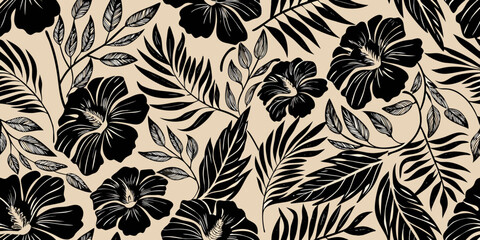 Black tropical leaves and hibiscus flowers on a beige background © Biplab