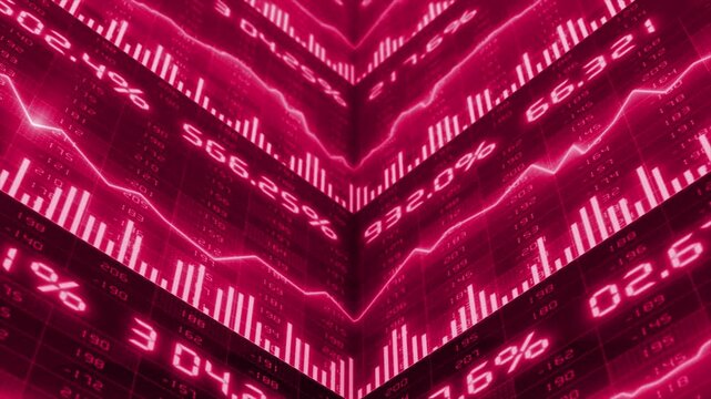 Magenta red futuristic trading dashboard with analytics interface and real time data visualization stock market background