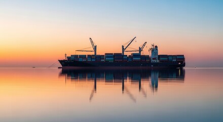 Obraz premium A large cargo ship is docked in calm waters during a serene sunset