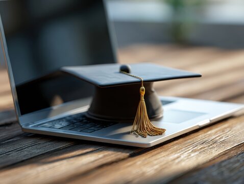A black graduation cap rests on a laptop keyboard, symbolizing the success of online education and digital learning. Perfect for themes of academic achievement, webinars, and remote university degrees
