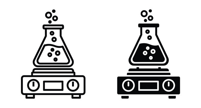 Laboratory hot plate stirrer with boiling chemical liquid in Erlenmeyer flask icon set for science research experiment education and medical technology equipment