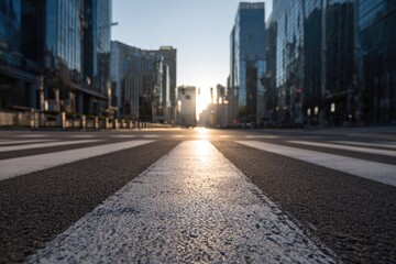 Obraz premium Empty urban street with crosswalk at sunrise, modern city buildings in background.
