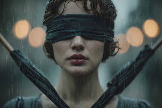 Blindfolded Woman Holding Crossed Swords in Rainy Night Street, Dramatic Cinematic Portrait Inspired by Two of Swords Tarot Card, Dark Moody Scene with Lantern Lights and Atmospheric Background