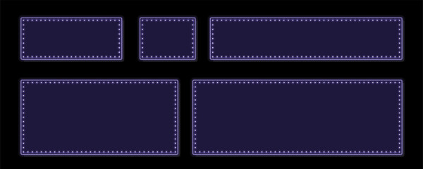Obraz premium Five dark blue retro marquee frames with bright glowing light bulbs on black