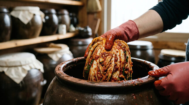 Preparing Kimchi: Placing Fermented Cabbage into Traditional Onggi Pot