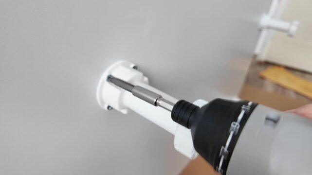 Closeup Drill Installing Wall Anchor Caucasian Installer Fitting White Plastic Sleeve Into Drywall, Electric Driver Torque, Focused Hand Movement, Bright Indoor Renovation Setting