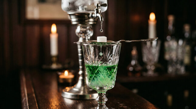 Water dripping on a sugar cube to prepare absinthe in a candlelit bar.