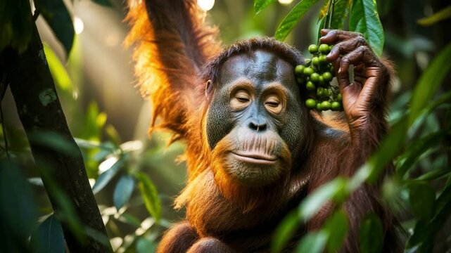 Close-up of an orangutan in a lush green forest holding a tree branch with soft sunlight filtering through.