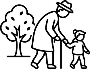 Obraz premium Senior man walking with child holding hands outdoors near a tree. Grandfather with grandchild, family bond concept. Modern line vector icon