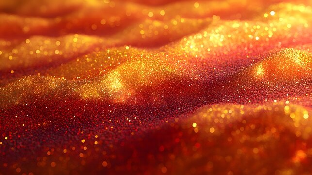 Rippling surface texture composed of richly colored sparkling particulate matter glows with warm light