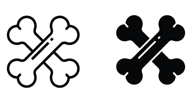 Crossed bones icon set featuring outline and solid black silhouette styles for pirate theme medical anatomy or danger warning sign symbols