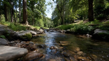 Obraz premium A clear stream flows gently through a sun d d forest with moss covered rocks