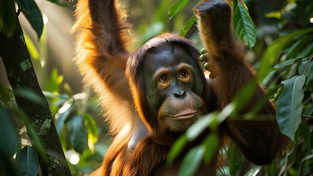 Close-up of an orangutan in a lush forest holding onto a tree branch with soft sunlight filtering through foliage.