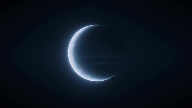 Dramatic waxing crescent moon shines bright against a deep dark sky backdrop