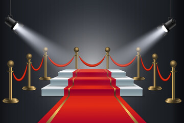 Red carpet leading to spotlighted stage presentation ceremony