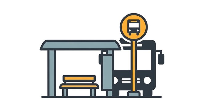 Bus Stop with Public Transportation Sign and Bench on White Background
