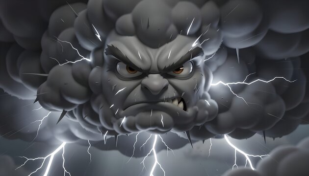 Angry thunderstorm cloud with lightning cartoon