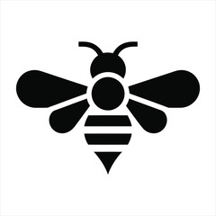 Simple black bee illustration with wings and stripes on white background