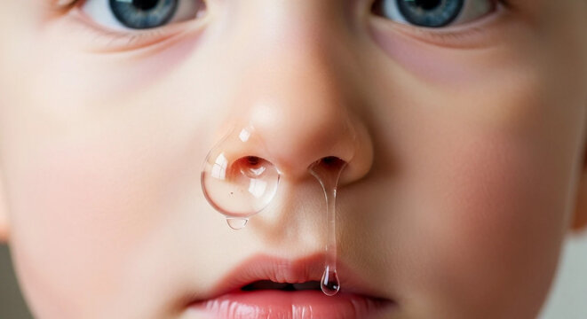 Close up of childs nose with clear mucus dripping and bubble image
