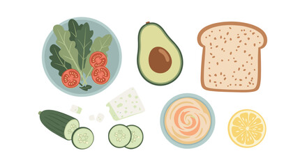 Healthy food ingredients for a nutritious meal are arranged in a flat lay illustration, showcasing fresh vegetables, bread, and dips for a balanced diet.