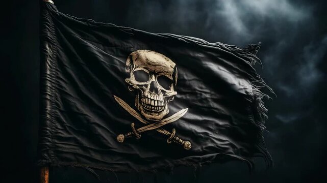 Black pirate flag with a skull and crossed swords waving against a dark smoky sky, danger concept, adventure symbol, historical exploration.